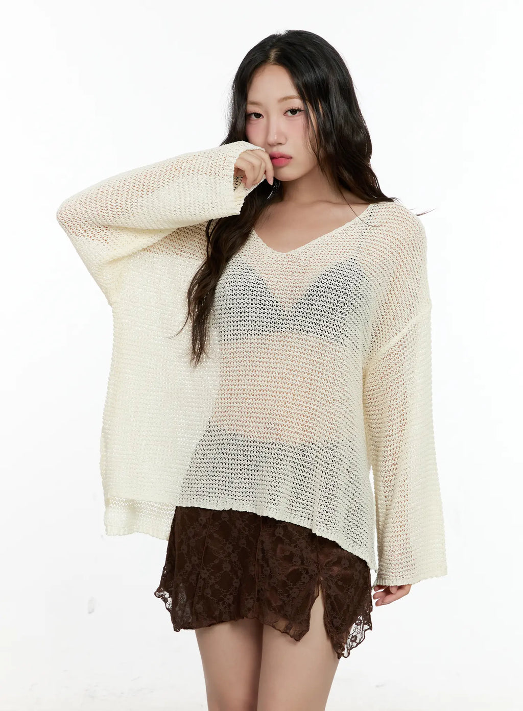 Mesh V-Neck Long-Sleeve Top CL531