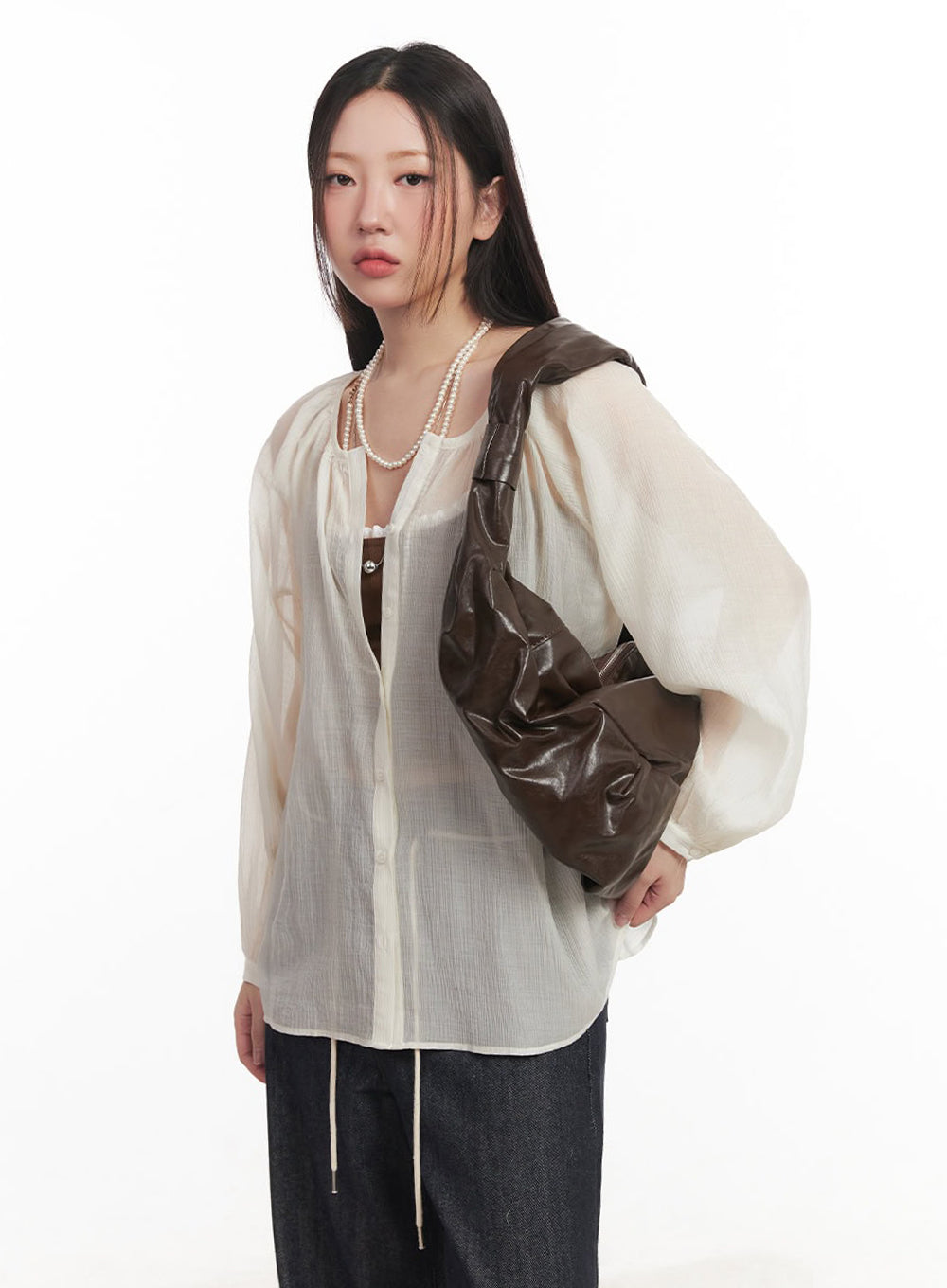 Shirred Sheer Buttoned Blouse IM528