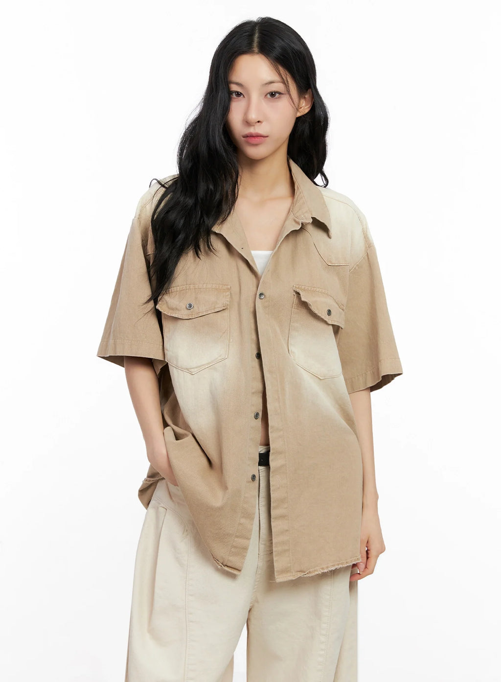 Washed Short-Sleeve Button-Up Shirt IG508