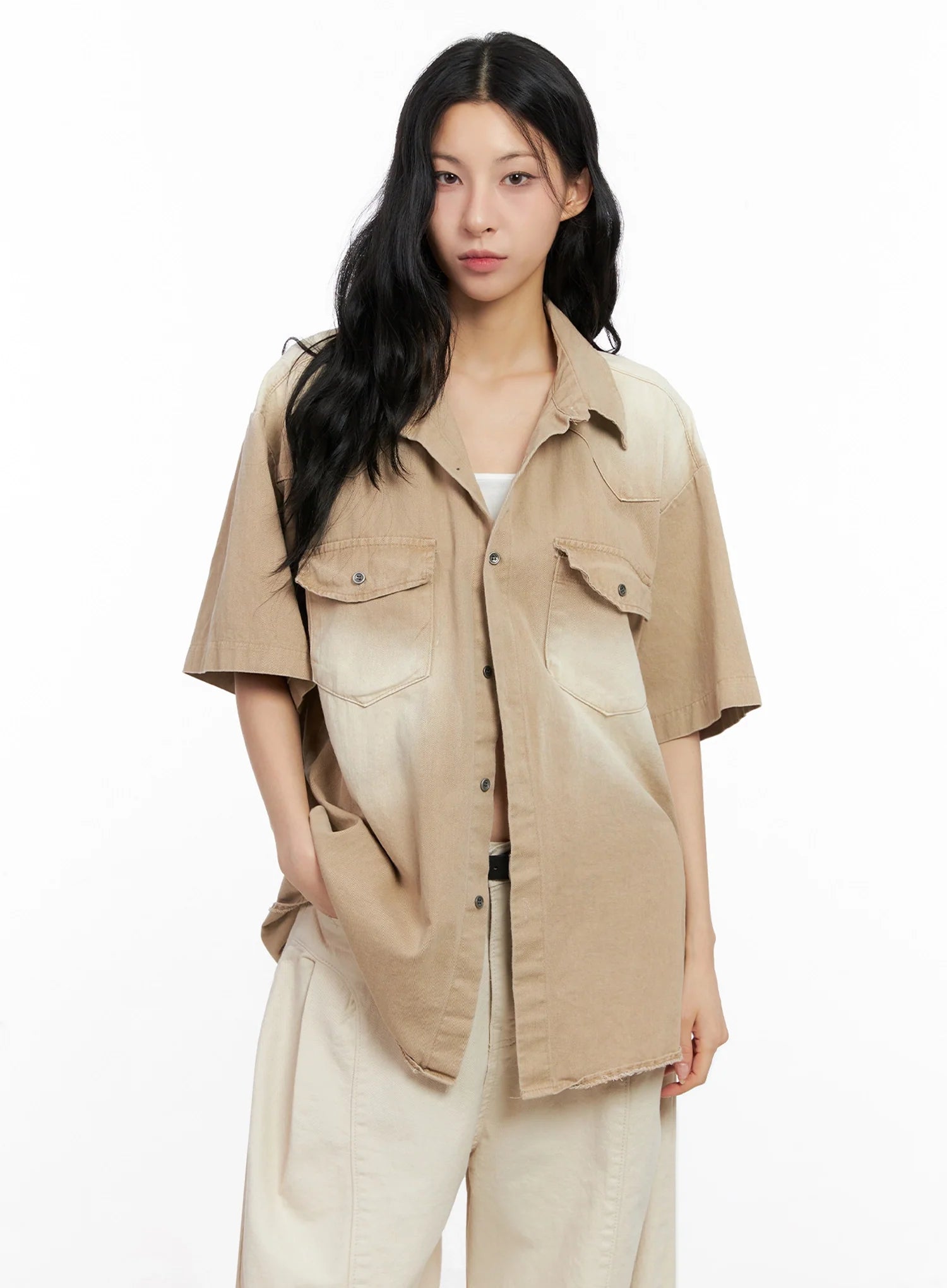 Washed Short-Sleeve Button-Up Shirt IG508