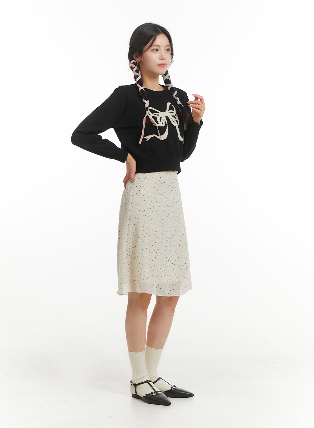 Mid Rise Spot Ribbon Detail Midi Skirt OM406