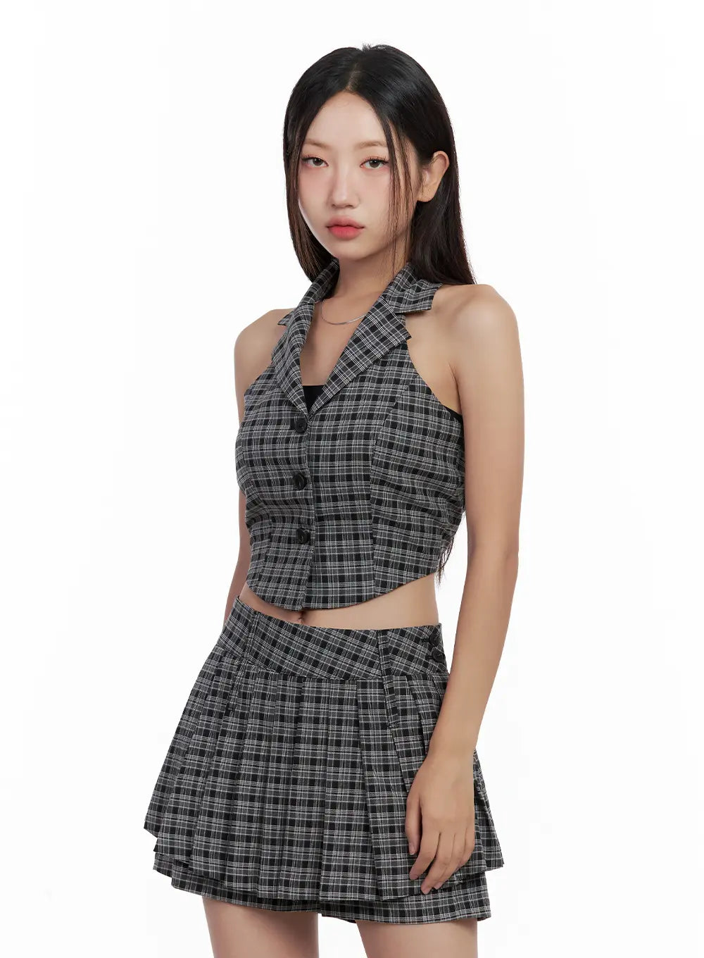 Plaid Button Halter Tank CL508