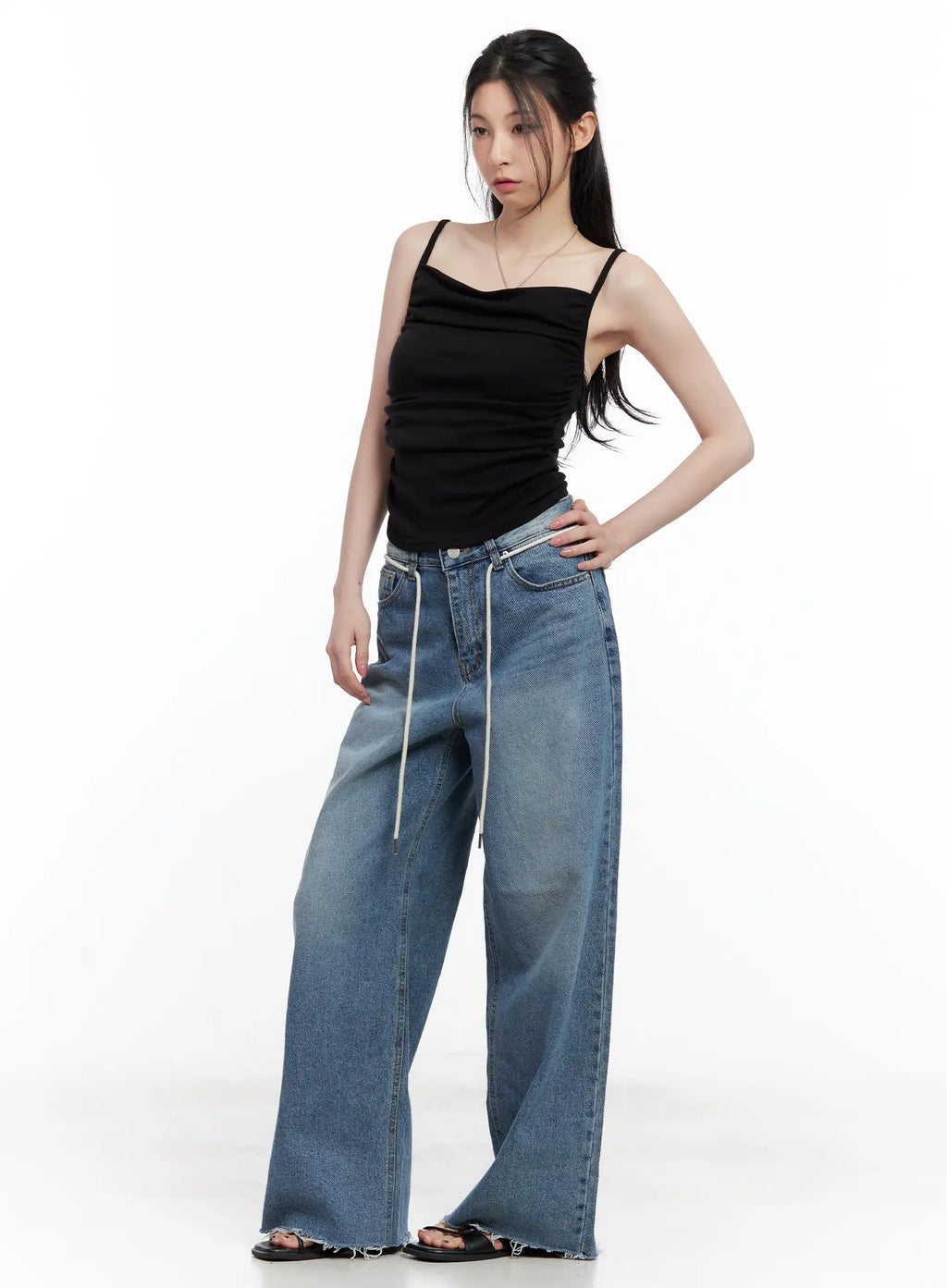 Chaeyoung Drawstring Washed Wide-Leg Jeans CU530