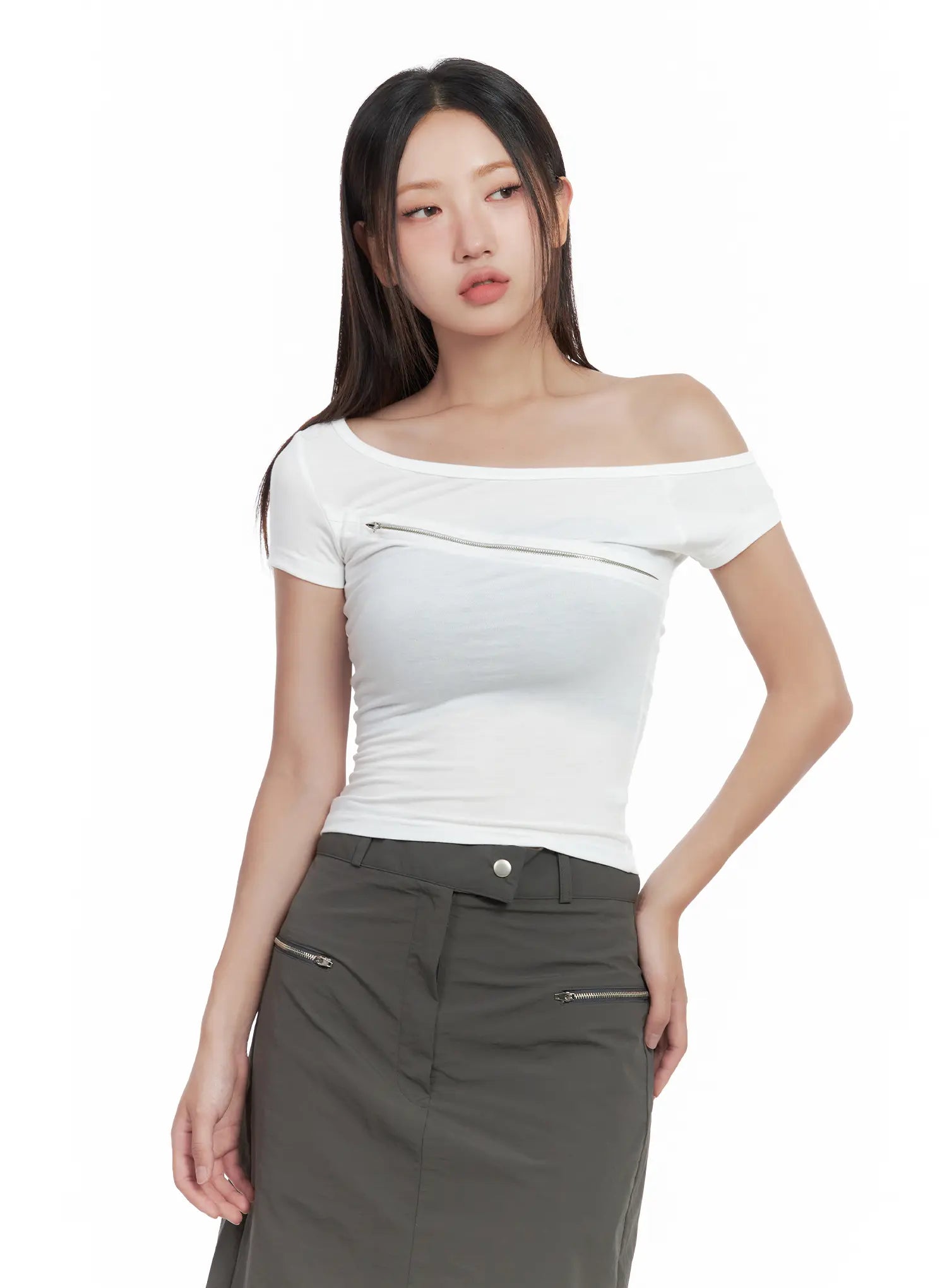 Asymmetric Off-Shoulder Zip Top CL509