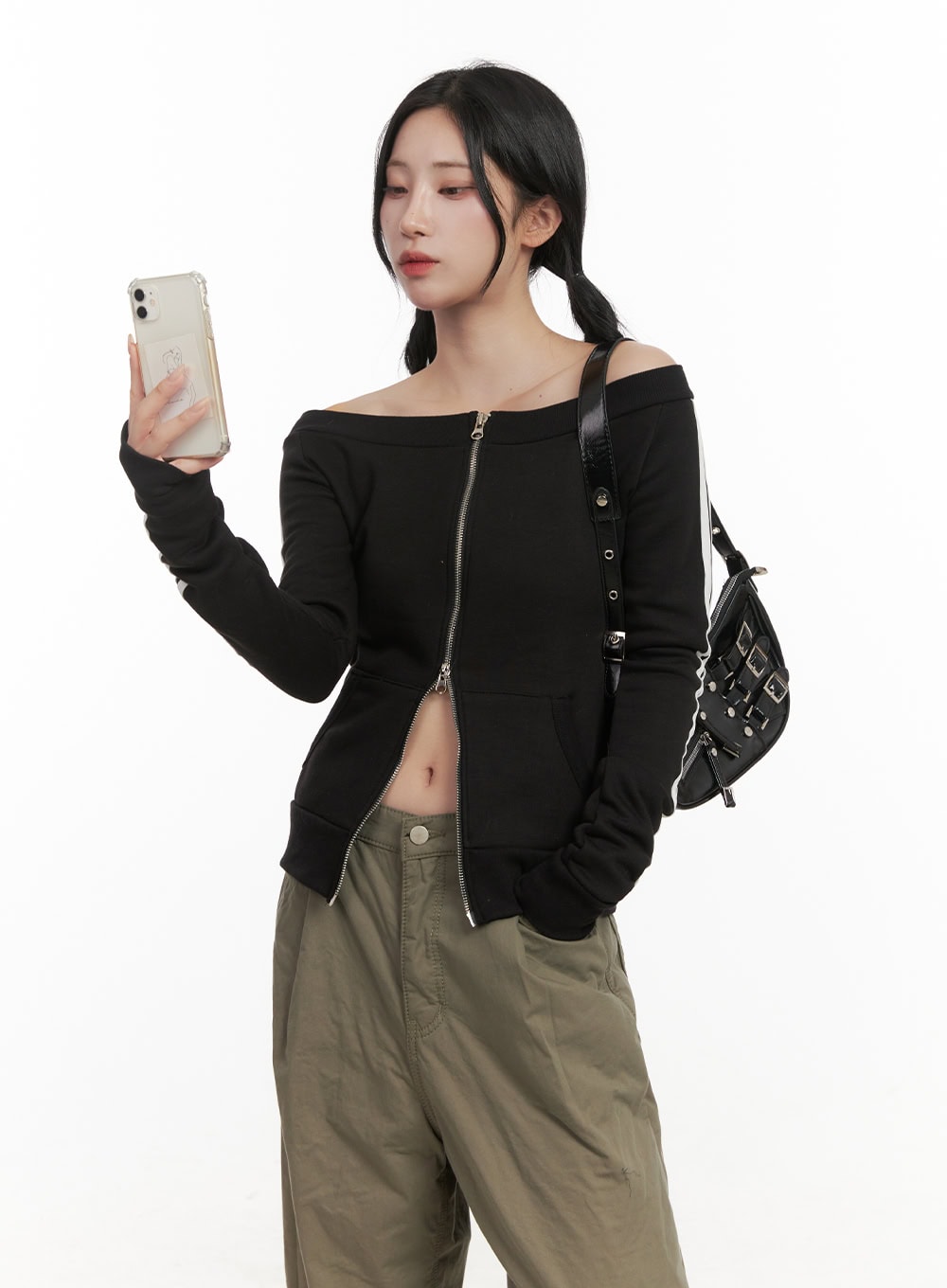 Off Shoulder Zip-Up Long Sleeve Top CD410