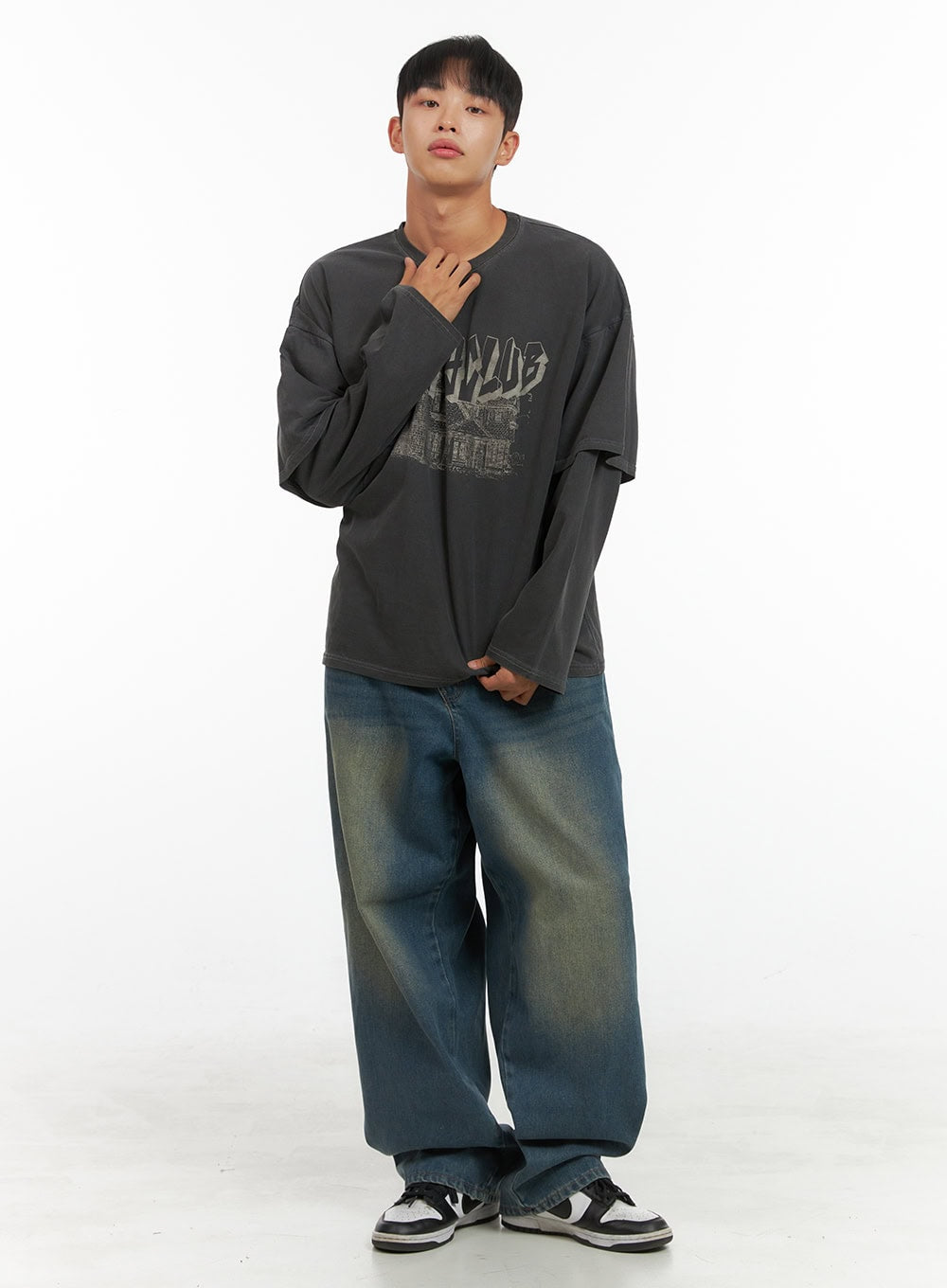 Men's Washed Cotton Wide Leg Jeans (Dark blue) IS420