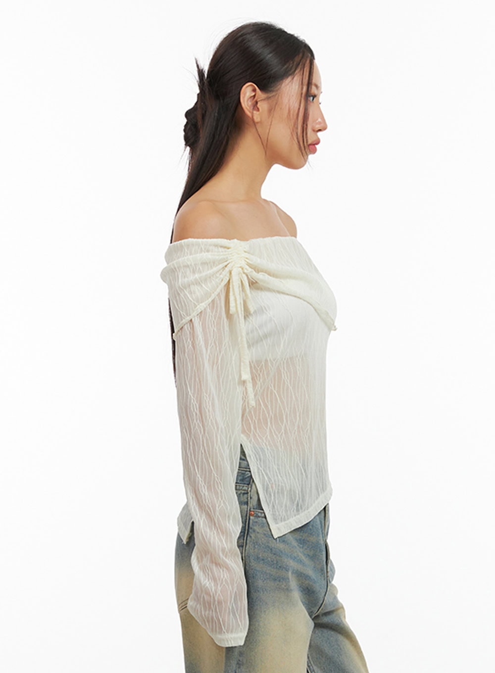See-Through Textured Off-Shoulder Top IS402