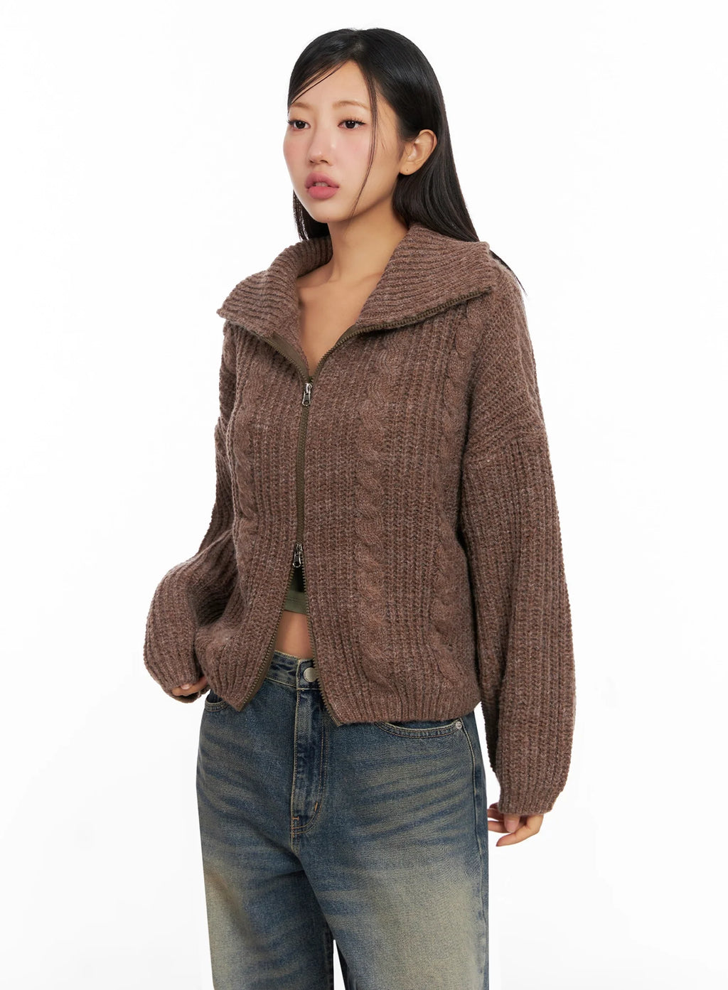 Chunky Knit Twist Zip-Up Cardigan IG528