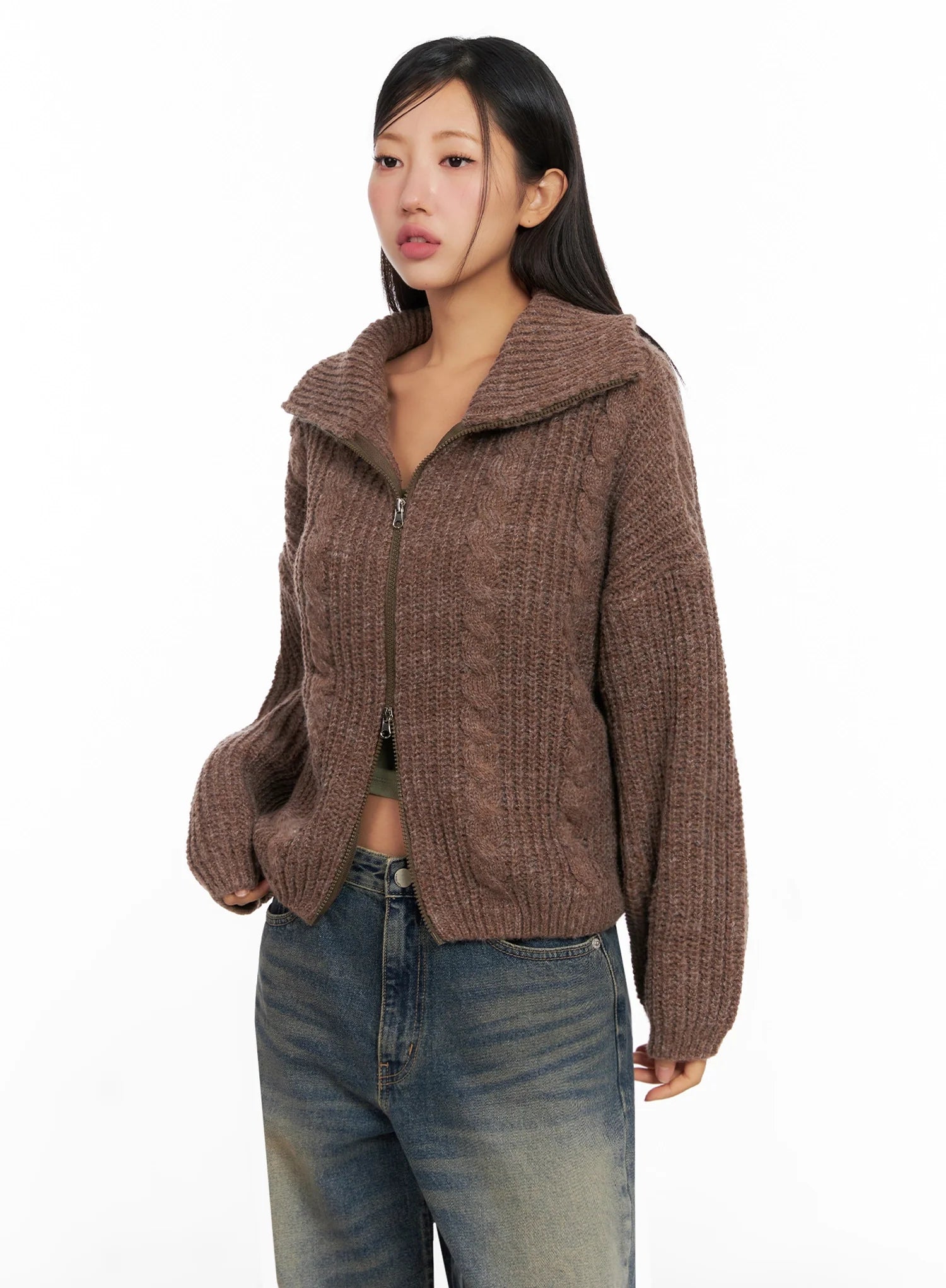 Chunky Knit Twist Zip-Up Cardigan IG528