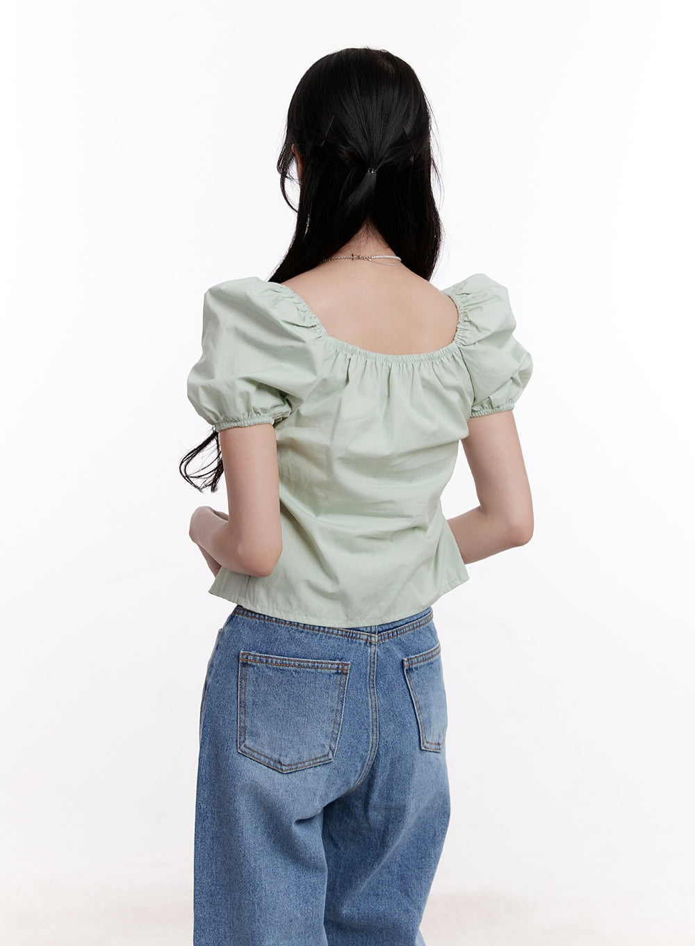 Ribbon Puff Sleeve Square Neck Top CM526