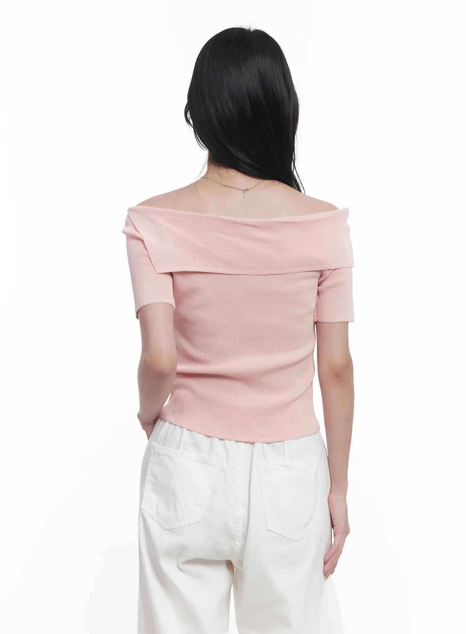 Off-Shoulder Asymmetric Short-Sleeve Sweater CU525