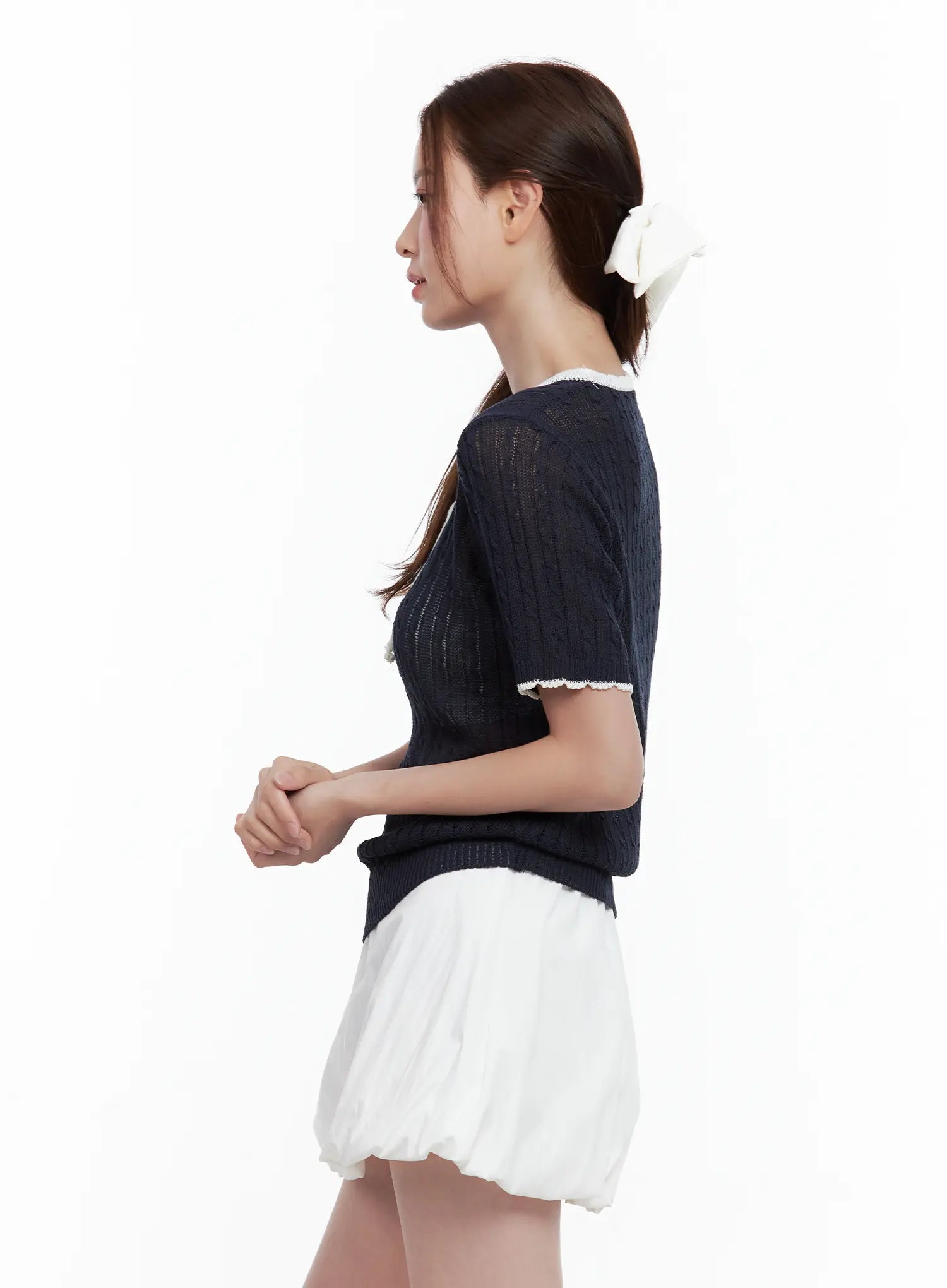 Sheer-Knit Tie Sweater Top CL502