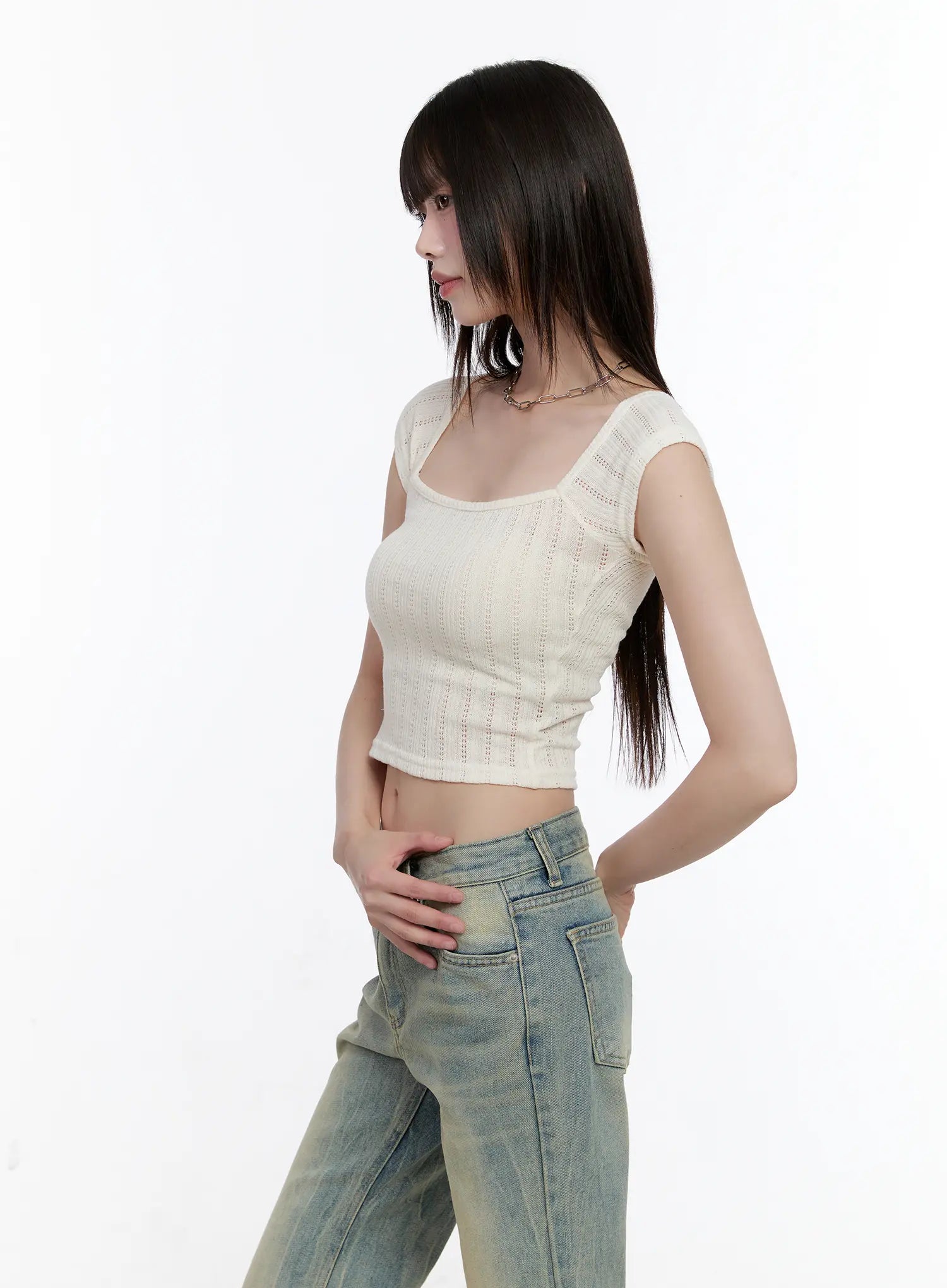 Square-Neck Cap-Sleeve Crop Top CL504