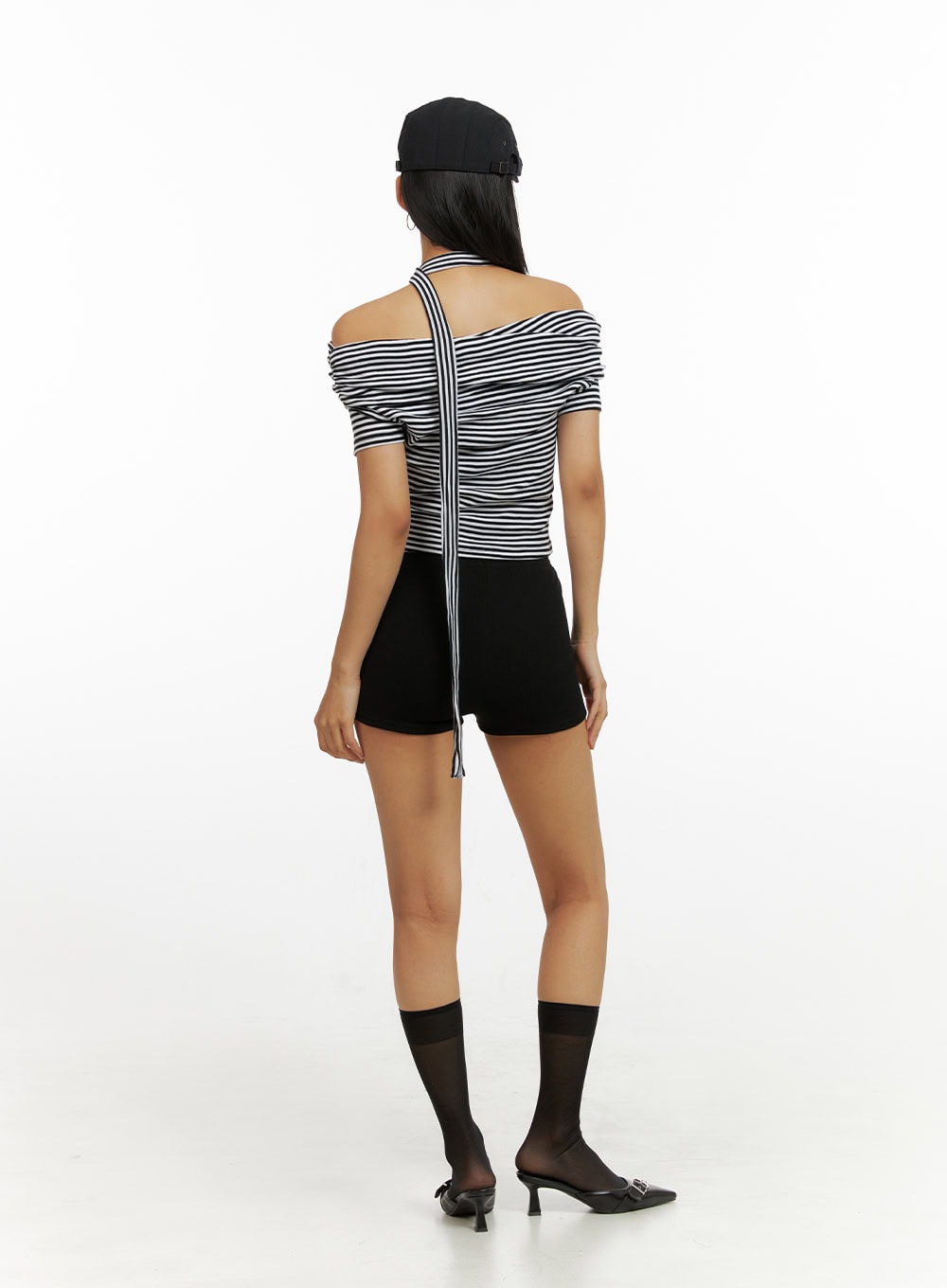 Cotton Stripe Shirred Off Shoulder Crop Top with Scarf IU412