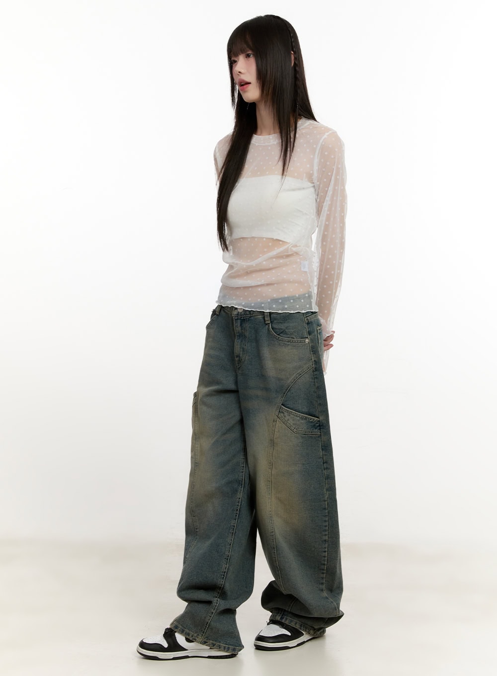 Sheer Polka-Dot Long-Sleeve Top CM513