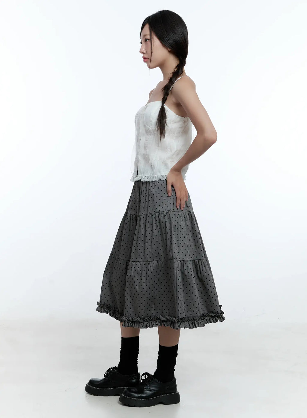 Frill Polka Dot Tiered Midi Skirt CU526
