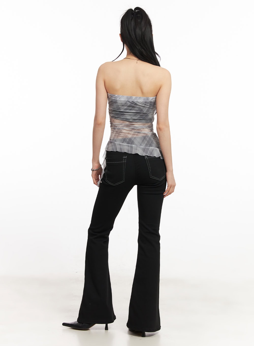 Sheer Plaid Ruffle Tube Top CA514