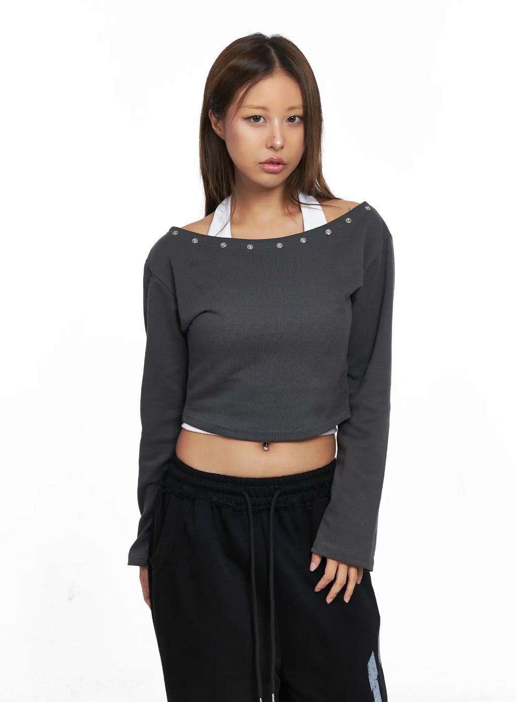 Eyelet Off-Shoulder Long Sleeve Crop Top CO510