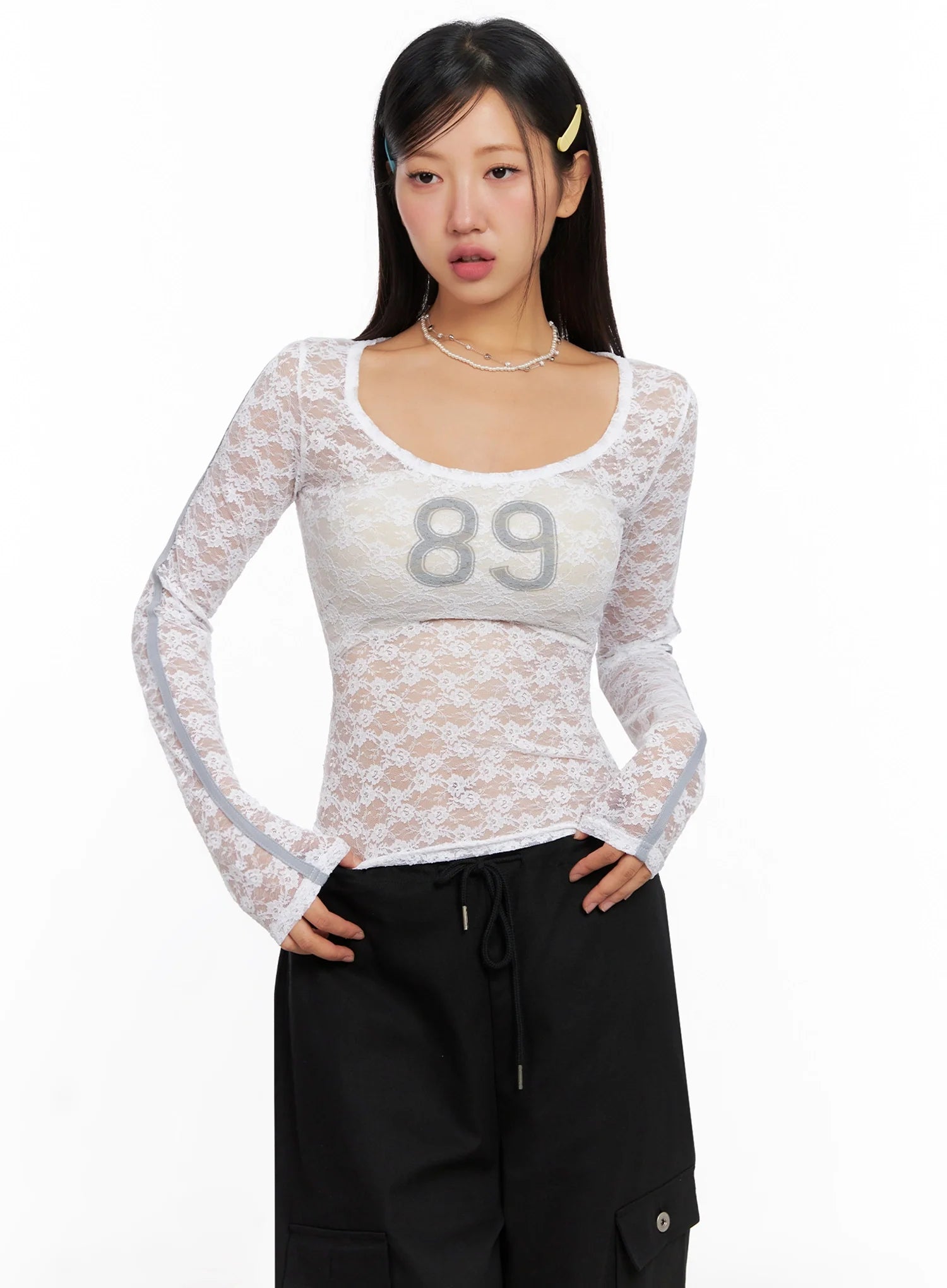 Lace Overlay Scoop Neck Top IG527
