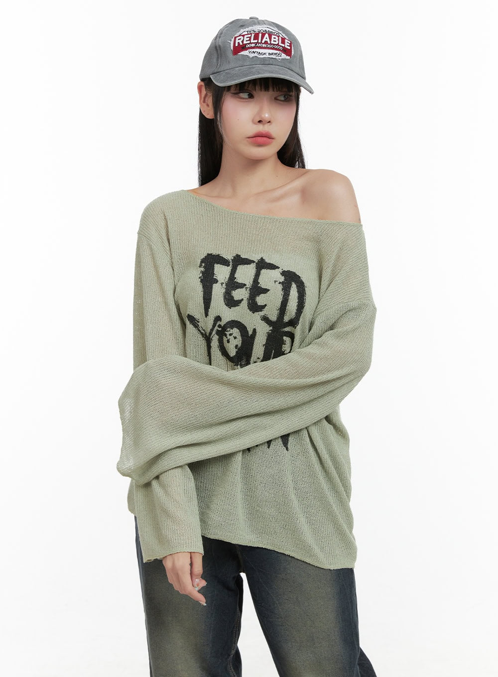 Lettered Boat Neck Off-Shoulder Knit OS410