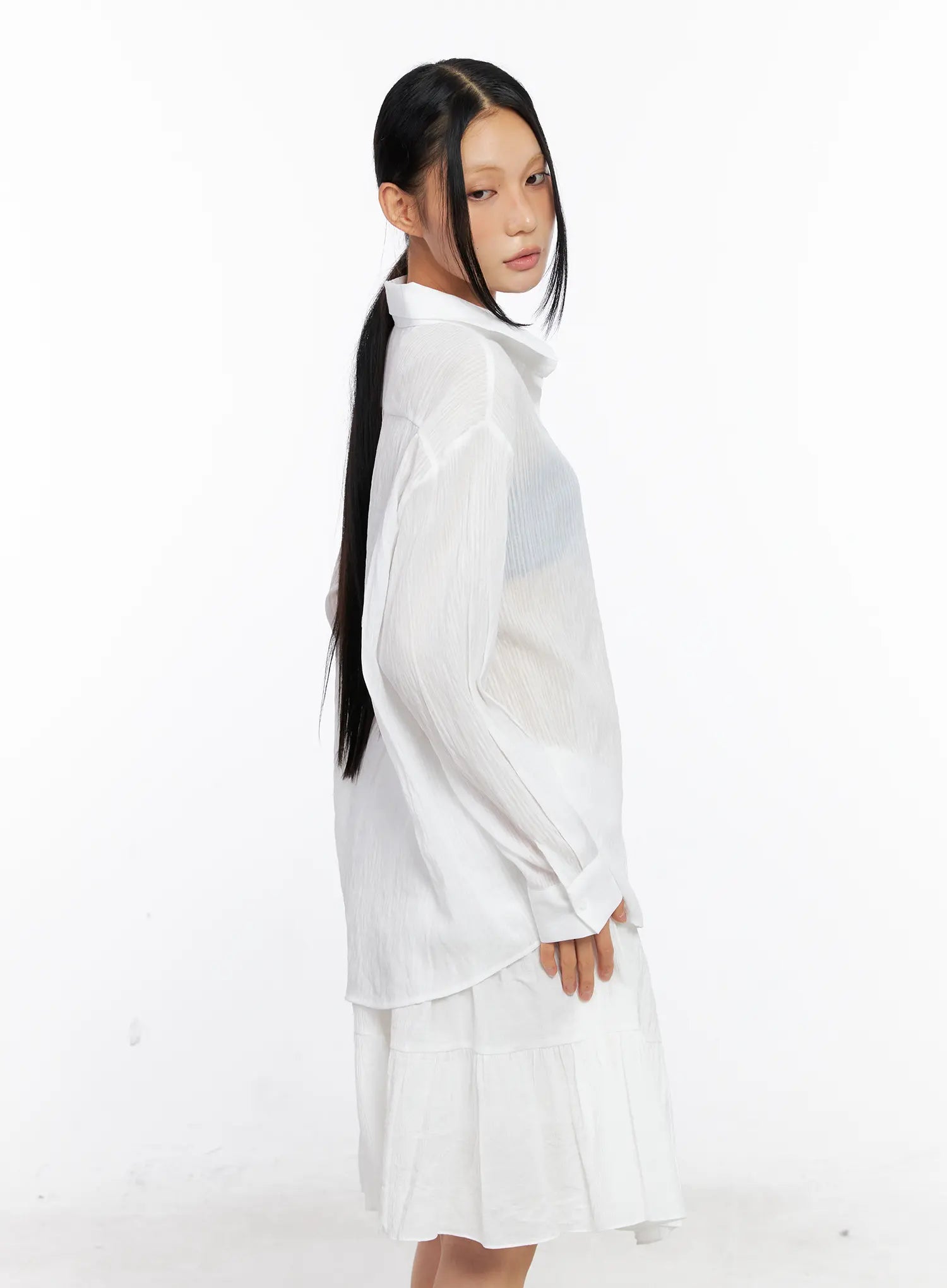 Sheer Long-Sleeve Button-Down Shirt CL529