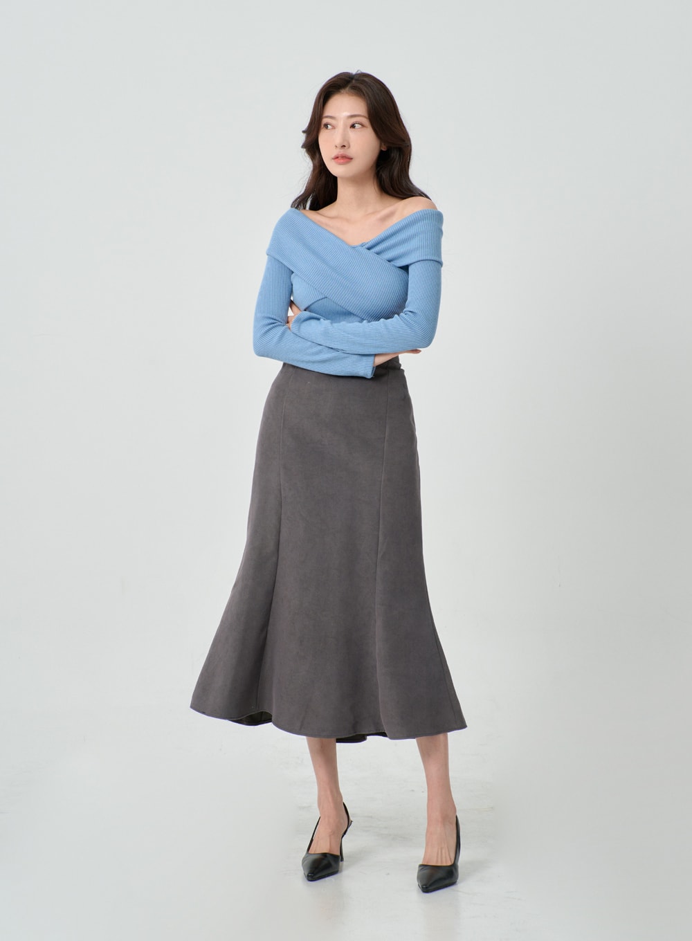 Off-Shoulder Cross Knit Long Sleeve T-Shirt IN07