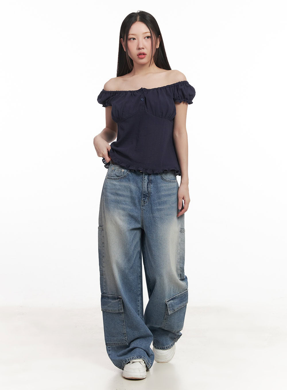 Frill Buttoned Off-Shoulder Blouse Top IM528