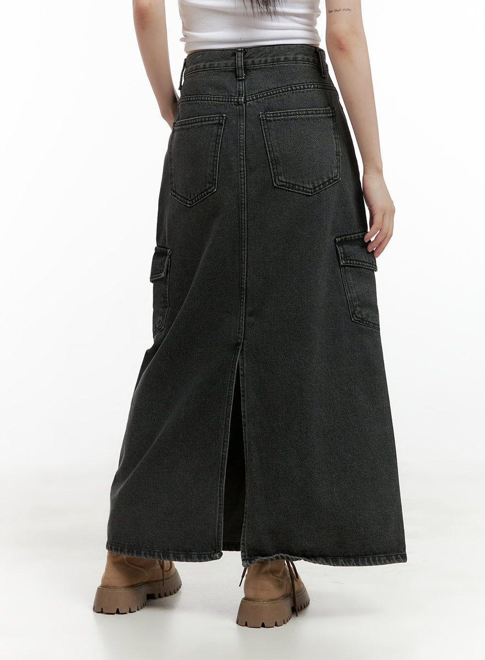 Denim Cargo Pocket Washed Maxi Skirt CG426
