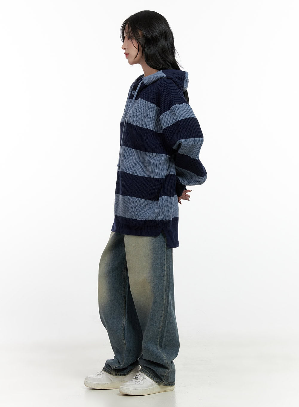 Buttoned Stripe Hoodie Sweater CN408