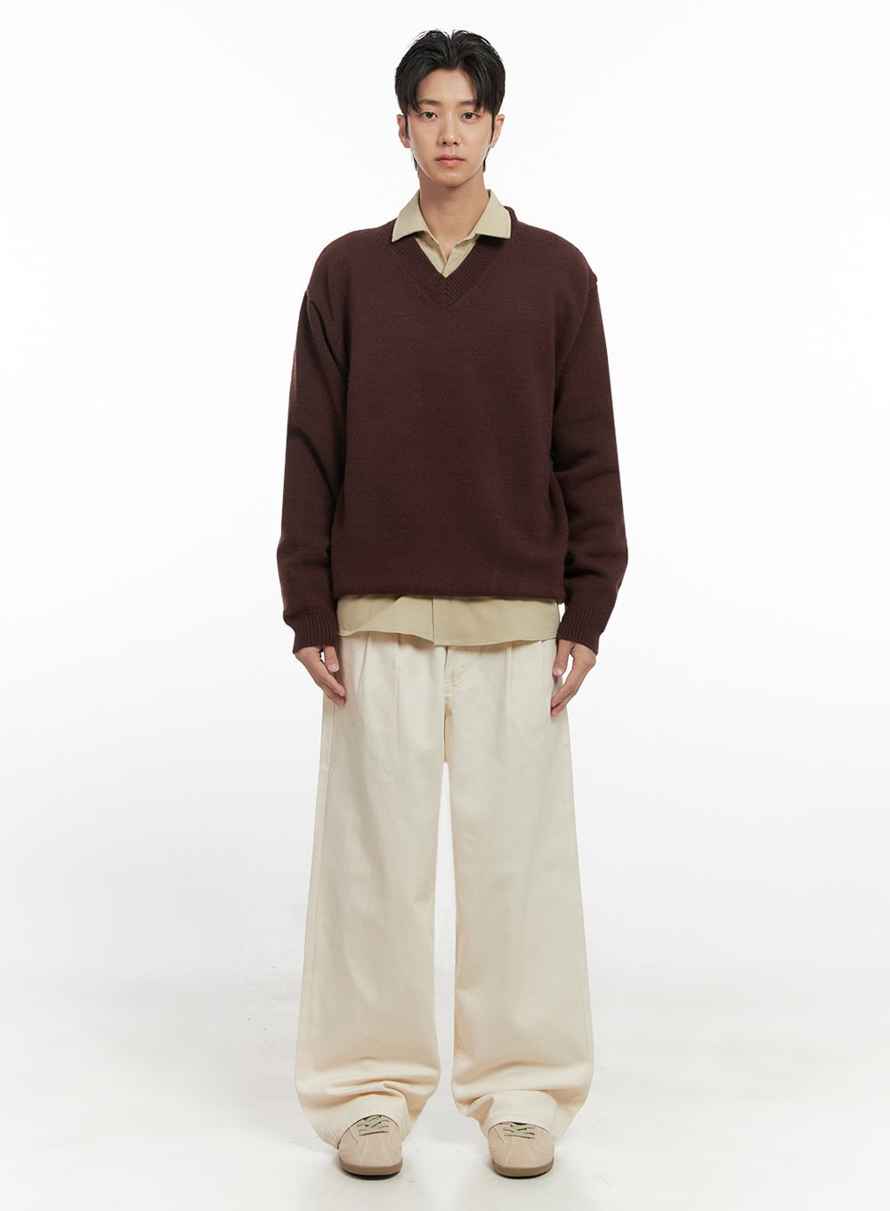 Men's Pintuck Wide Leg Cotton Pants (Light beige) ID413