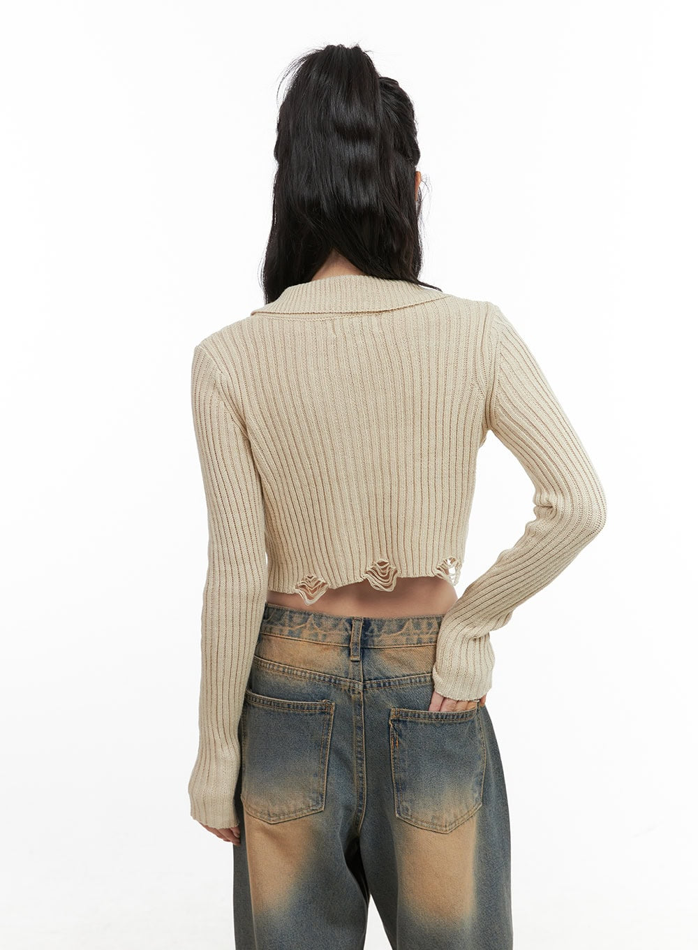 Distressed Hem Collared Crop Cardigan CG421