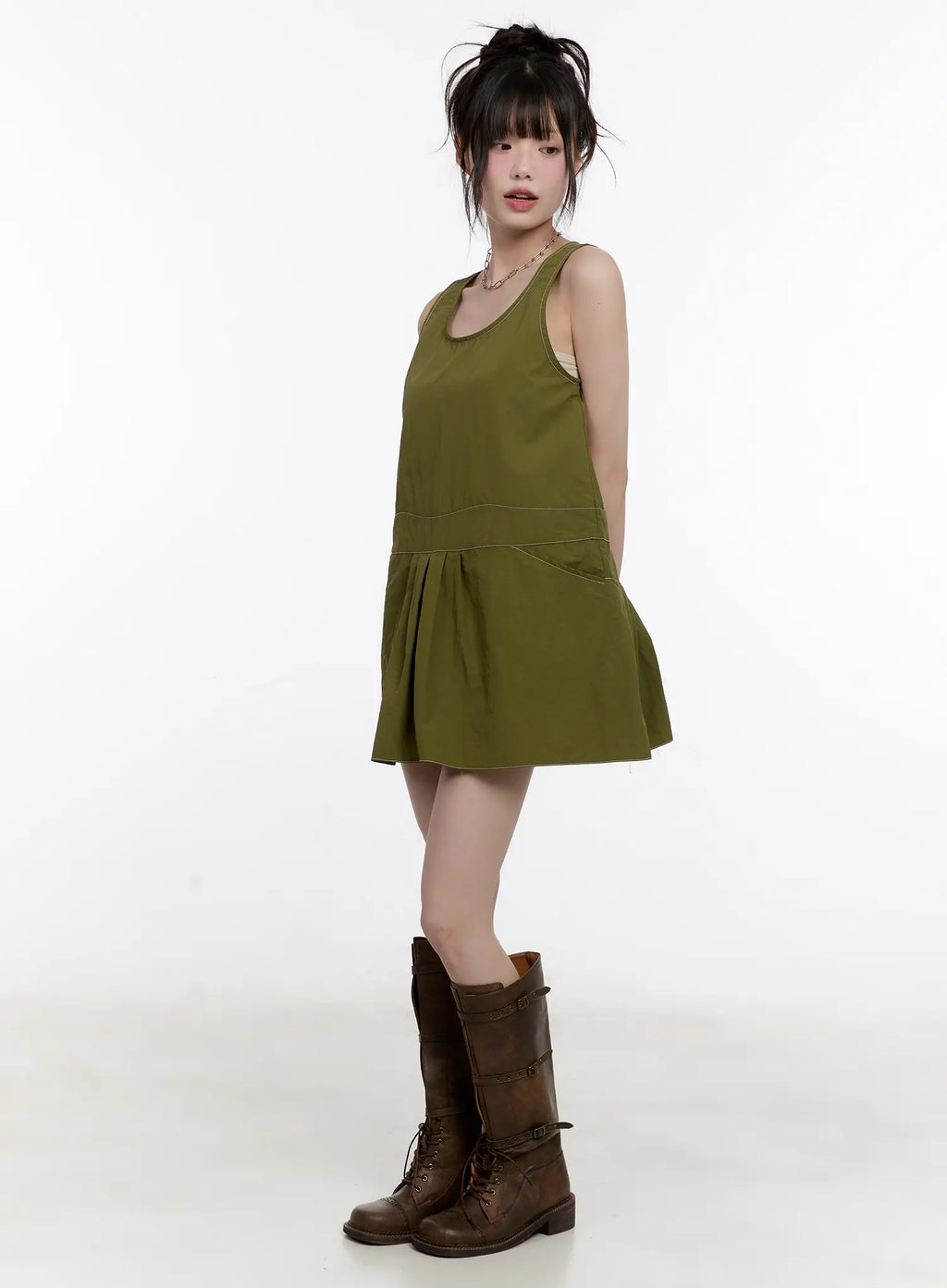 Olive Green Pintuck Mini Dress CL507