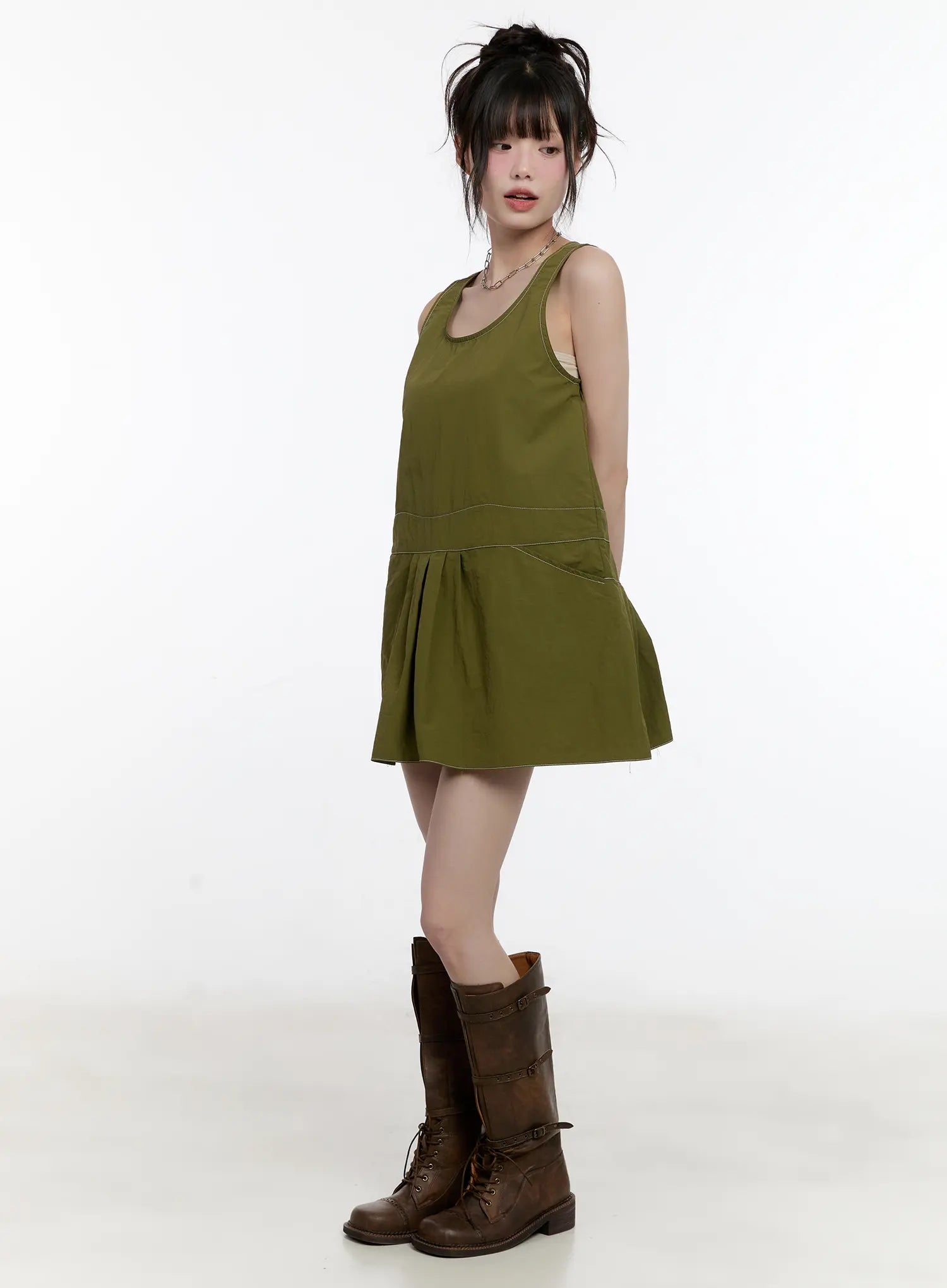 Olive Green Pintuck Mini Dress CL507