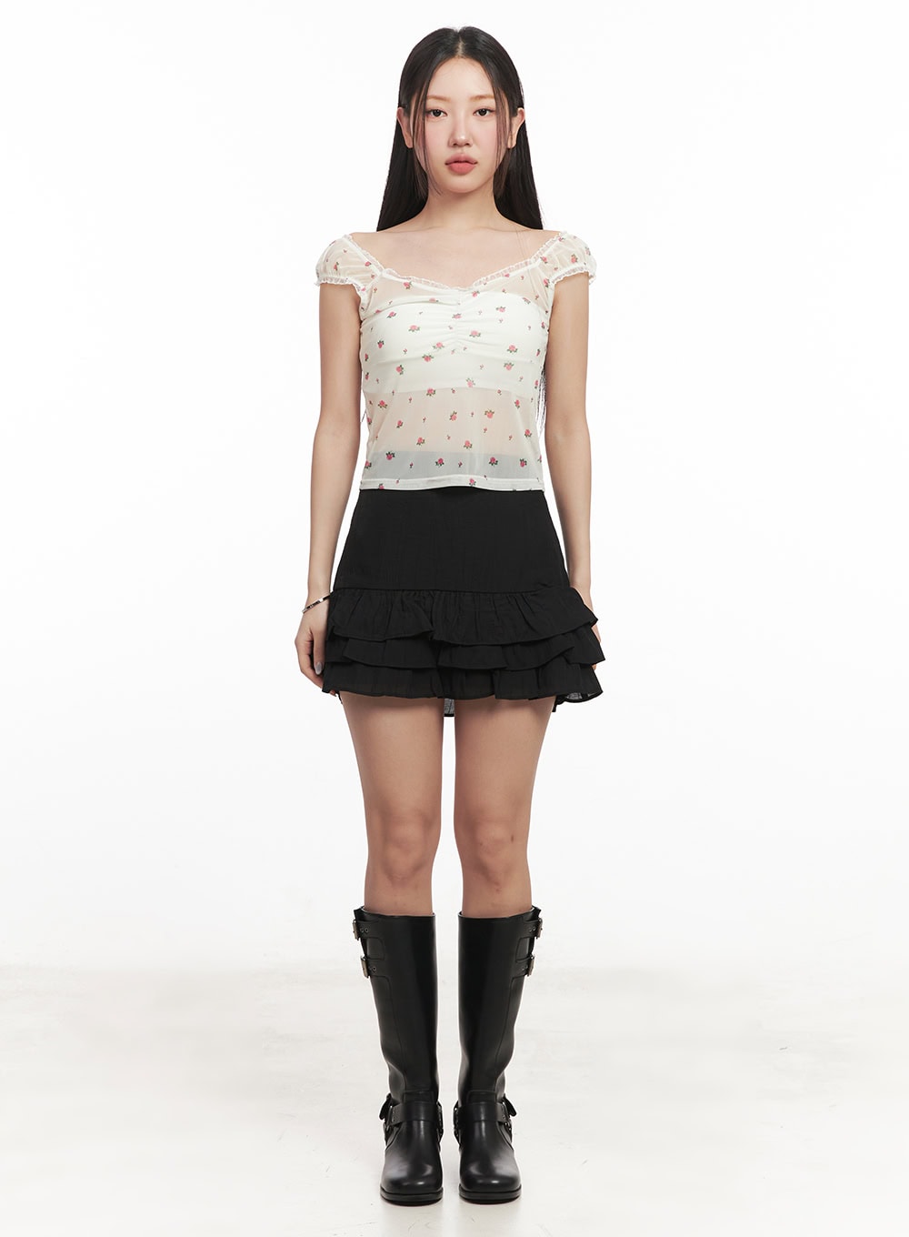 Sheer Floral Lace Shirred Top IM525