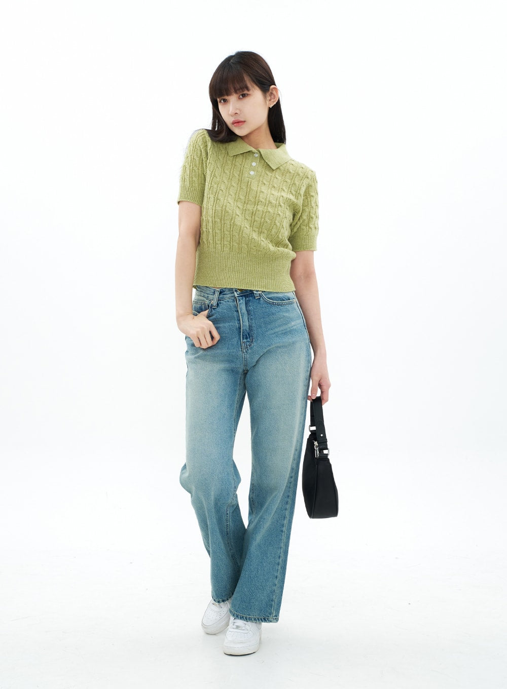Cable Knit Collared Short-sleeve Sweater CA01