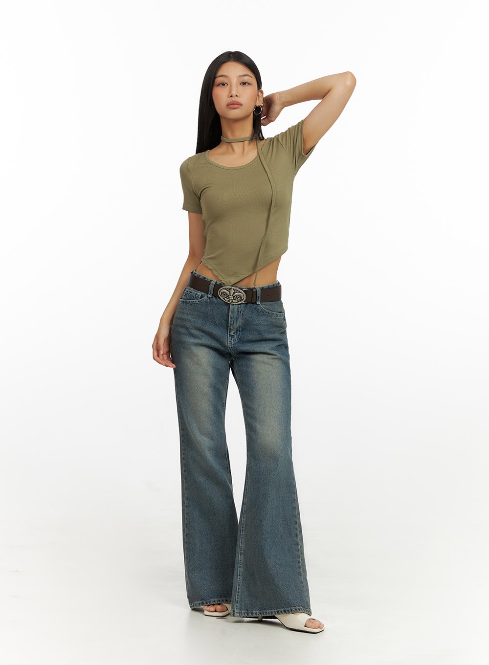 Unbalanced Solid Crop Top with Thin Scarf Set IU412