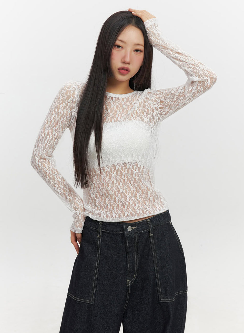 Sheer Lace Long Sleeve Top IF510