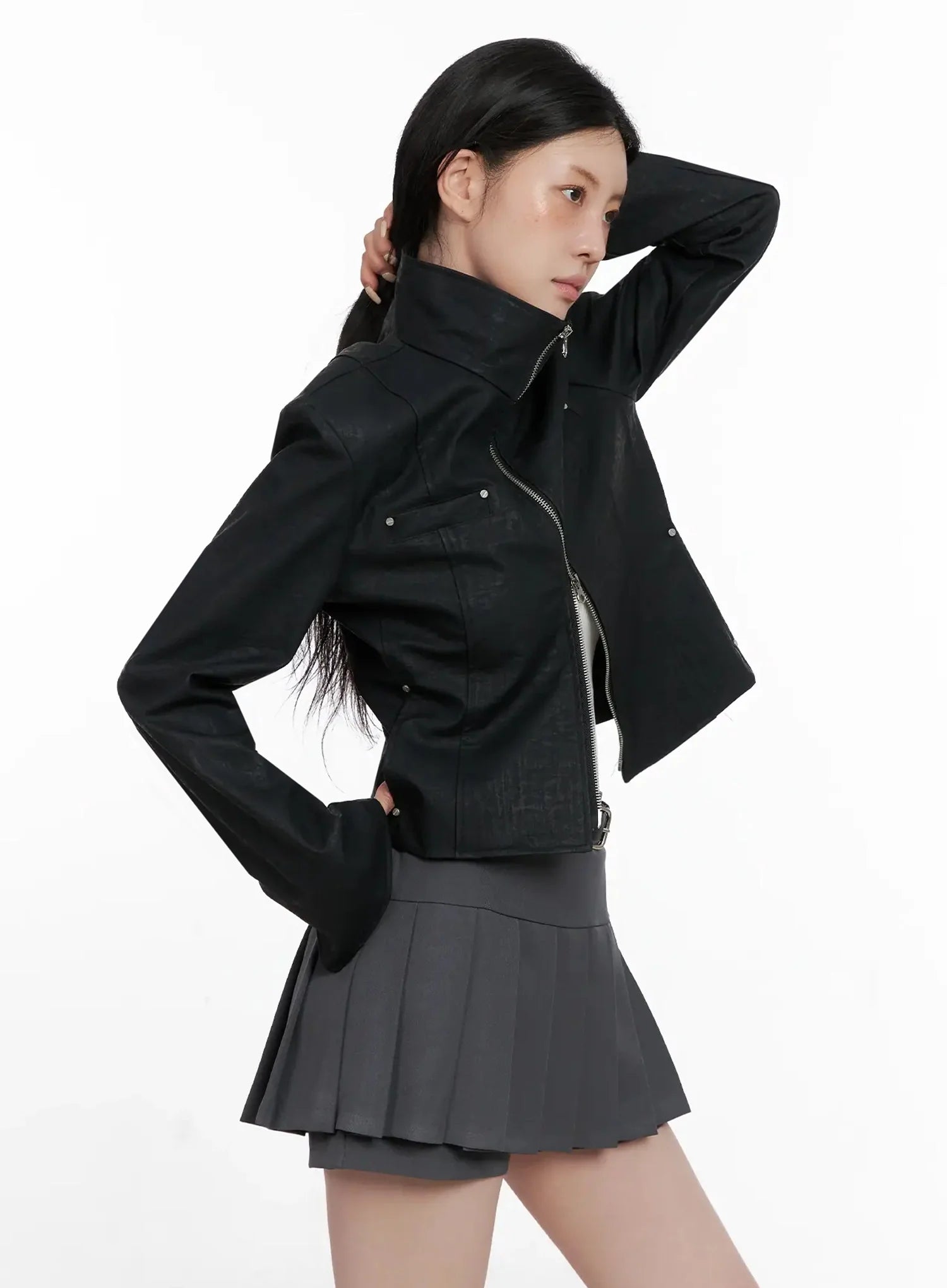 High Neck Zip Up Faux Leather Jacket IS508