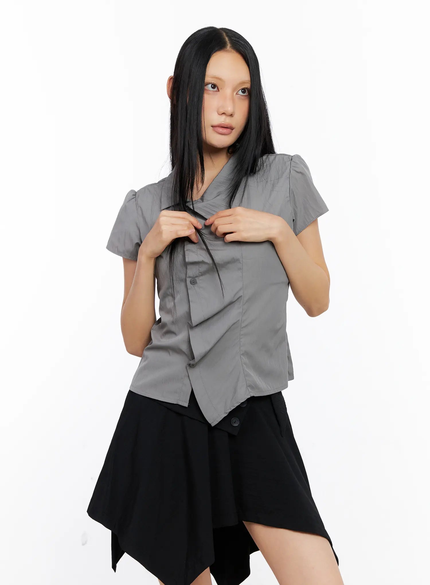 Asymmetric Collar Button-Down Blouse CL530