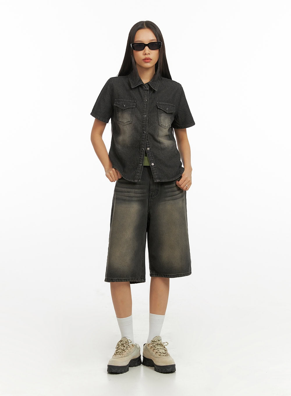 Denim Collar Solid Pocket Blouse IY422