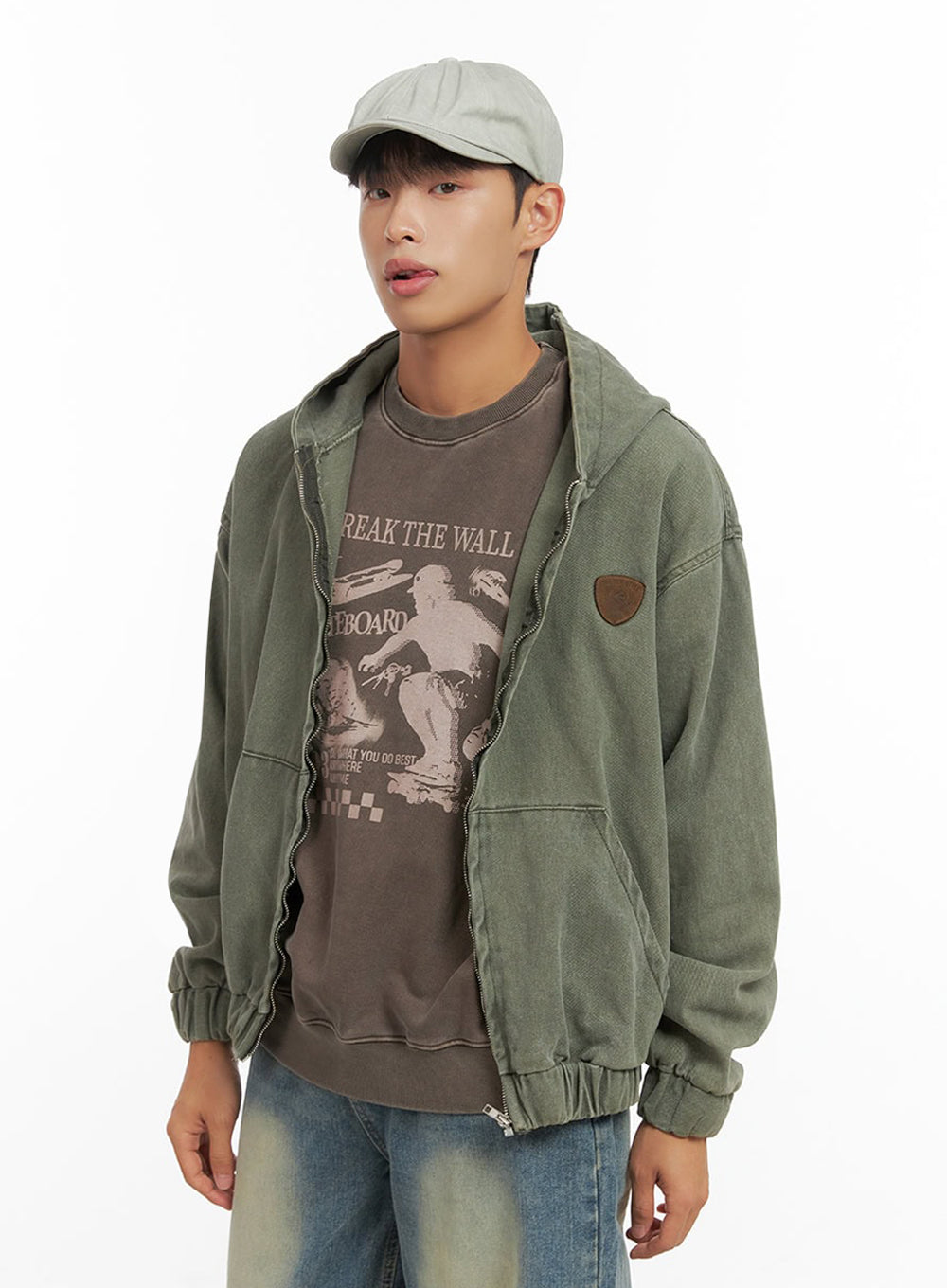 Men's Washed Zip Up Hooded Jacket IO420