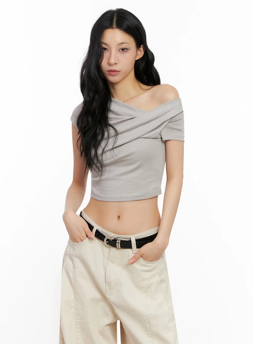 Asymmetric Shirred Off-Shoulder Crop Tee IG508