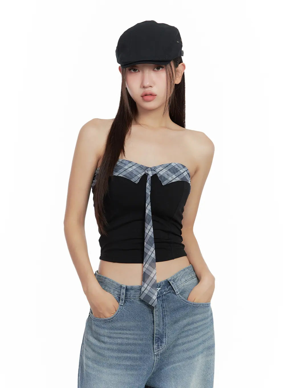 Contrast Plaid-Tie Tube Top CL508