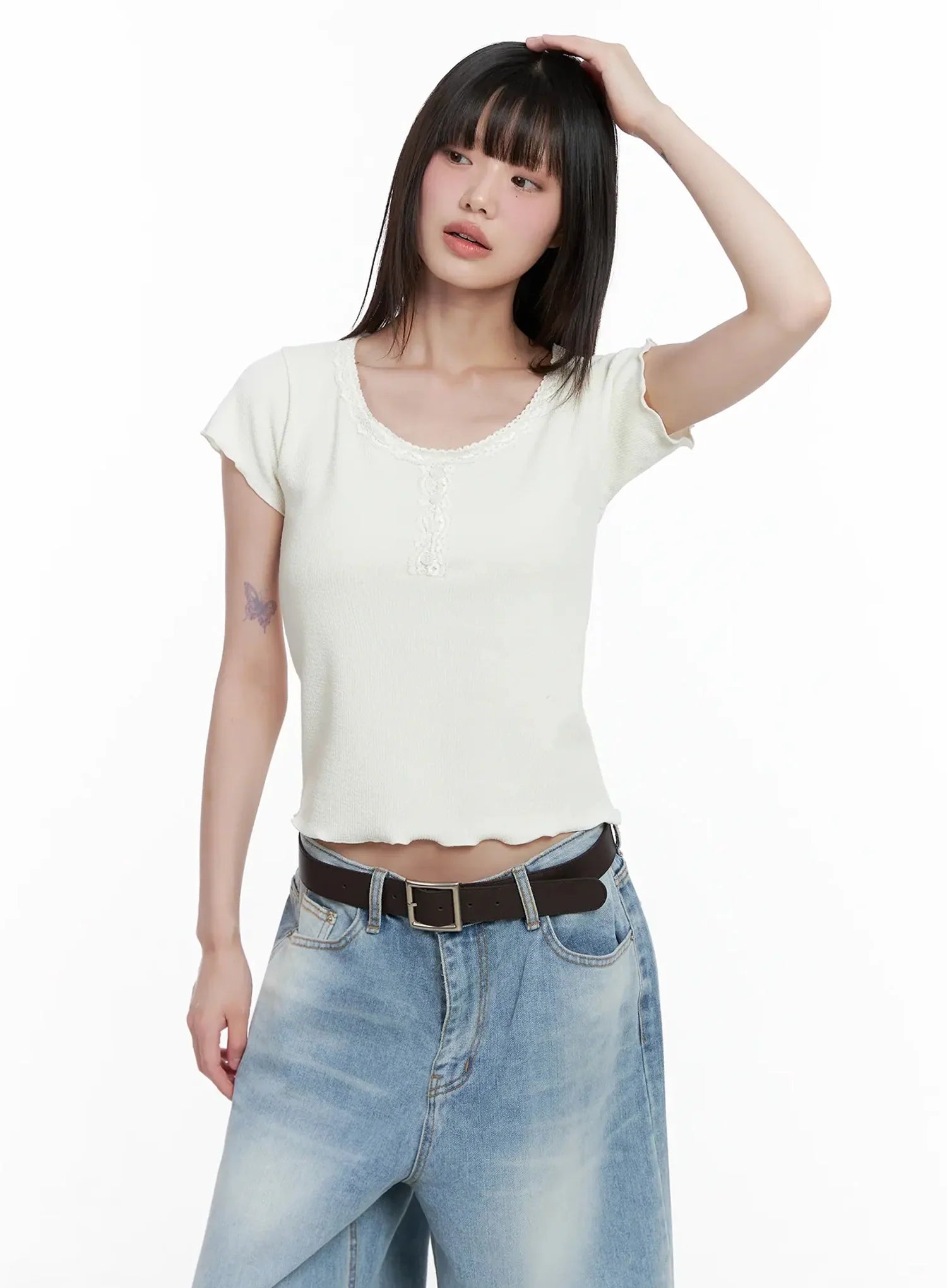 Lace Trimmed Button Short Sleeve IL531