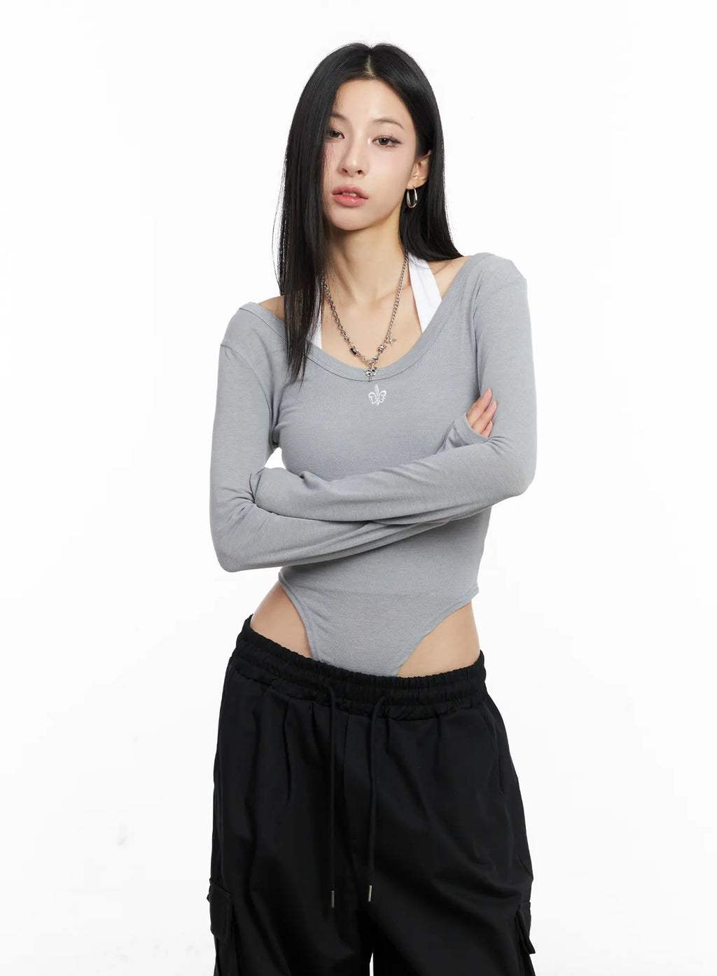 Grey Long Sleeve Bodysuit CC1109