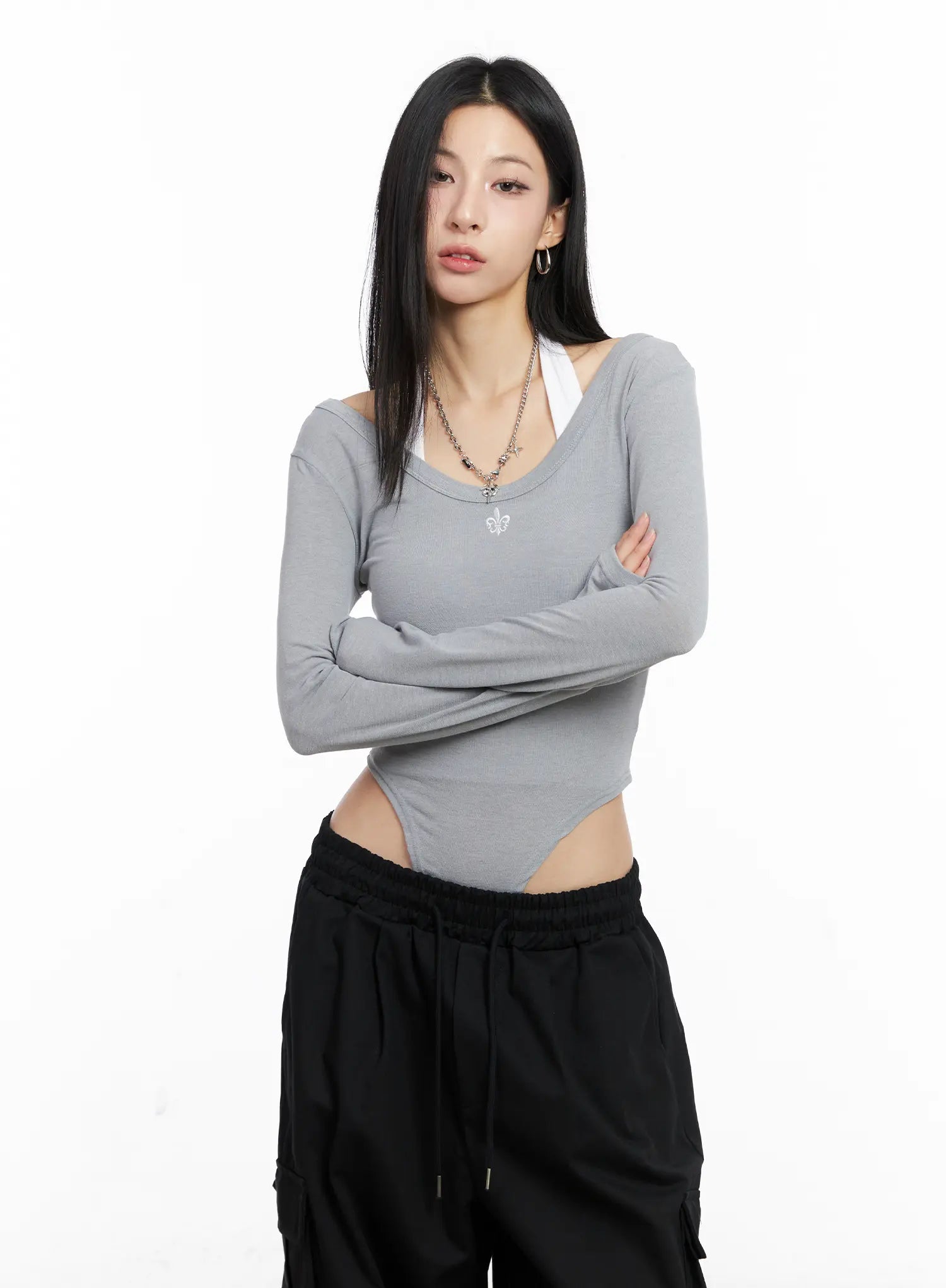 Grey Long Sleeve Bodysuit CC1109