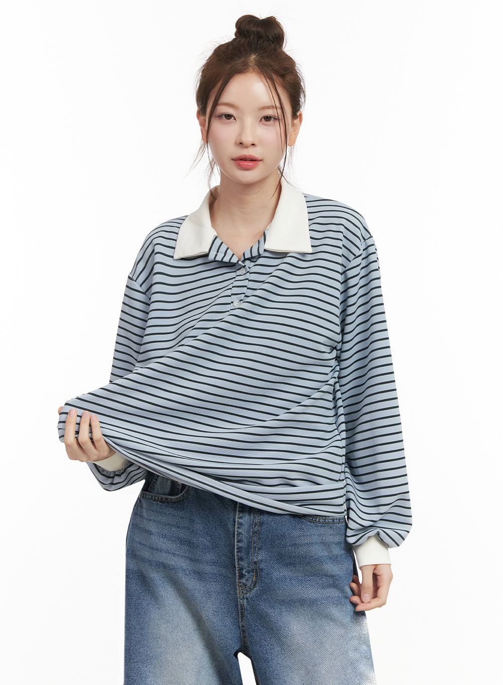 Oversized Stripe Collared Long Sleeve Top IJ527