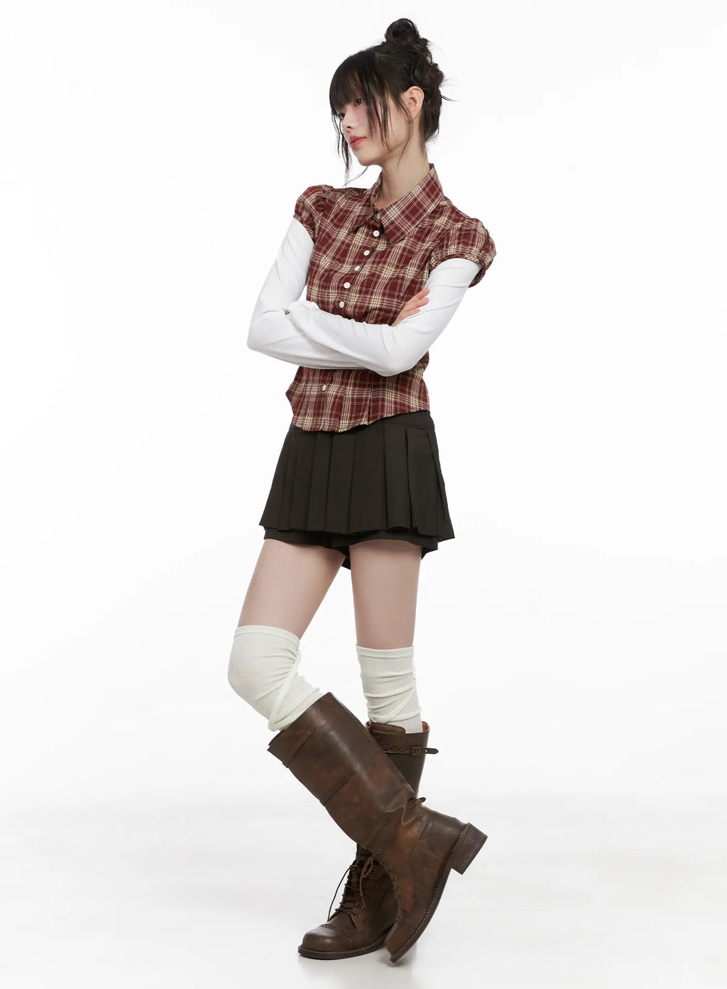 Plaid Puff Sleeve Top CG519