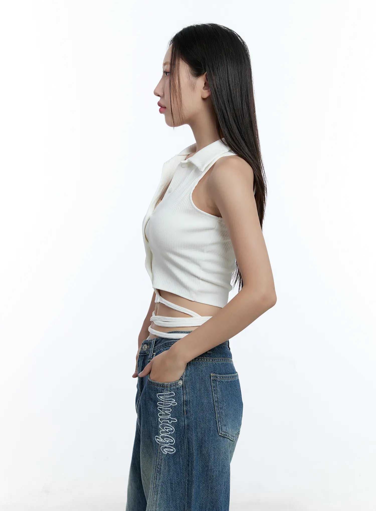 Asymmetric Buttoned Collared Tank Top CU527