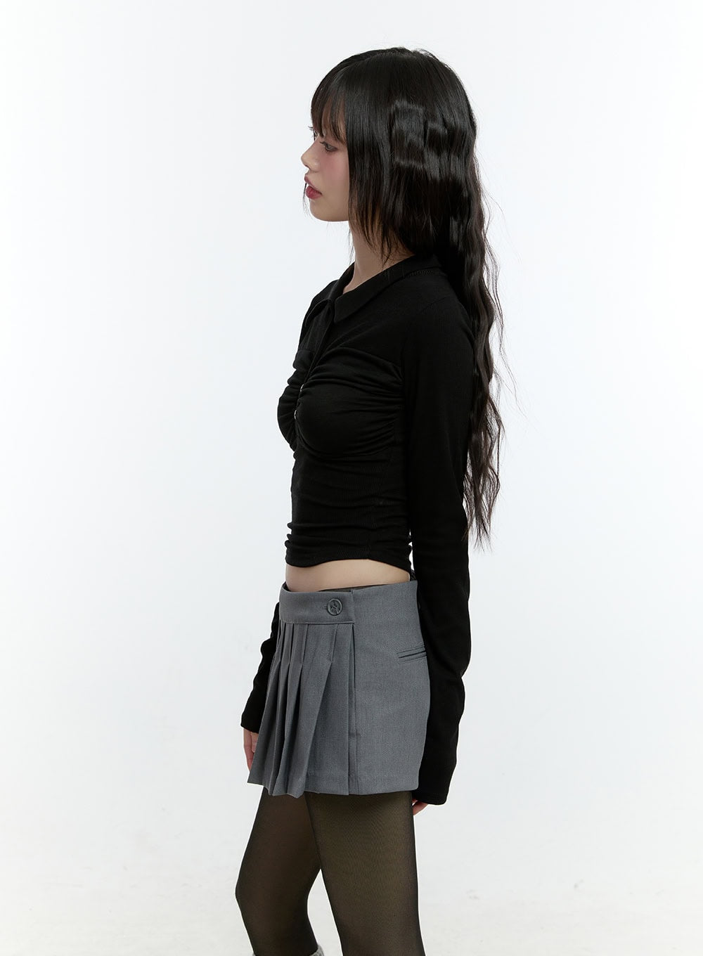 Shirring Long-Sleeve Collared Crop Top CF507